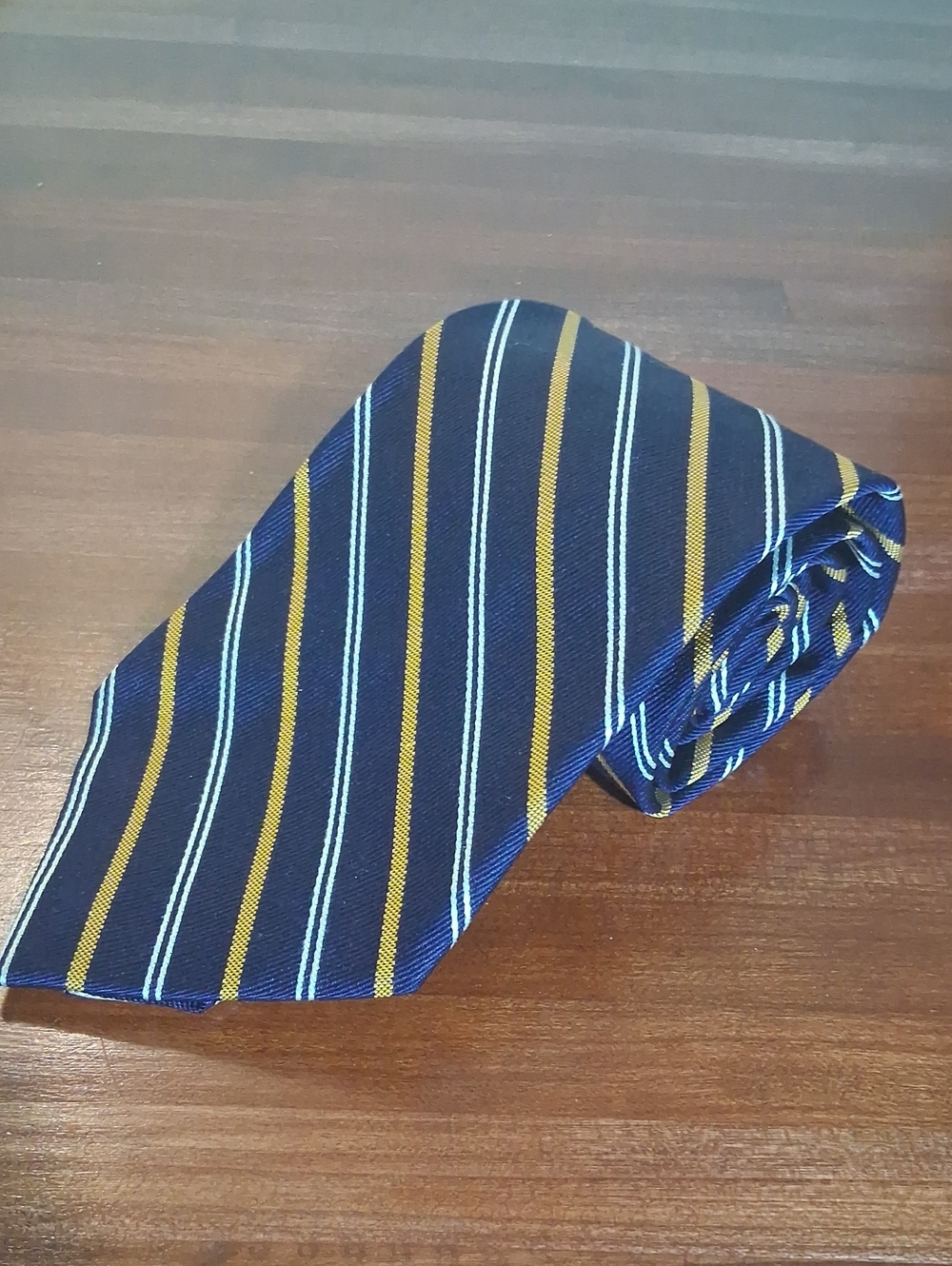 Ralph Lauren Silk Dark Blue Navy Tie with Gold and White Stripes